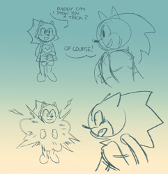 Size: 750x779 | Tagged: safe, artist:autisticsonic, oc, oc:maria "mar-mar" the hedgehog, hedgehog, dialogue, duo, english text, explosion, fankid, father and child, father and daughter, gradient background, holding something, line art, looking at each other, magical gay spawn, mouth open, parent:shadow, parent:sonic, parents:sonadow, sketch, smile, standing, stuffed animal, top surgery scars, trans male, transgender