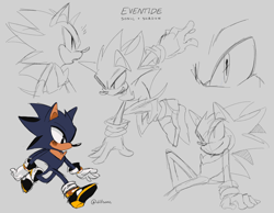 Size: 2048x1591 | Tagged: safe, artist:dilfsonic, oc, oc:eventide the hedgehog, hedgehog, fankid, grey background, line art, looking offscreen, magical gay spawn, male, parent:shadow, parent:sonic, parents:sonadow, signature, simple background, smile, solo, walking