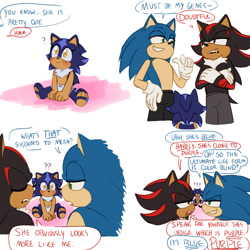Size: 2000x2000 | Tagged: safe, artist:emthimofnight, shadow the hedgehog, sonic the hedgehog, oc, oc:stellar the hedgehog, hedgehog, adopted fankid, arguement, baby, blushing, confused, dialogue, diaper, english text, family, fankid, father and child, father and daughter, gay, parent and child, parent:shadow, parent:sonic, parents:sonadow, question mark, shadow x sonic, shipping, simple background, sitting, standing, trio, white background