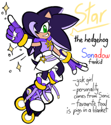 Size: 1200x1350 | Tagged: safe, artist:hibiscusishere, oc, oc:star the hedgehog, hedgehog, character name, clothes, english text, fankid, female, looking at viewer, parent:shadow, parent:sonic, parents:sonadow, pointing, rollerskates, simple background, smile, solo, sparkles, white background