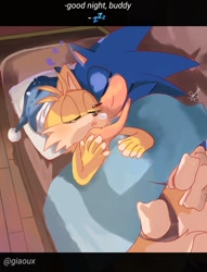 Size: 735x964 | Tagged: safe, artist:giaoux, miles "tails" prower, sonic the hedgehog, 2024, abstract background, bed, blushing, duo, english text, gay, holding hands, indoors, lying down, shipping, signature, sleeping, sonic x tails