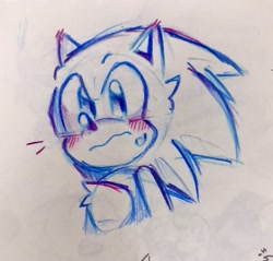 Size: 2048x1958 | Tagged: safe, artist:vanalt22, sonic the hedgehog, 2024, blushing, blushing ears, frown, line art, pencilwork, signature, solo, sweatdrop, traditional media