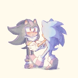 Size: 2048x2048 | Tagged: safe, artist:zeerv7001, shadow the hedgehog, sonic the hedgehog, 2024, blushing, cute, duo, frown, gay, holding hands, looking at each other, mouth open, shadow x sonic, shadowbetes, shipping, simple background, smile, standing, white background