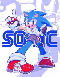 Size: 1601x2048 | Tagged: safe, artist:kazuna_endi, sonic the hedgehog, 2024, character name, clothes, crossover, echo background, holding something, looking at viewer, mouth open, pointing, pokeball, pokemon, shine, smile, solo, sparkle, standing