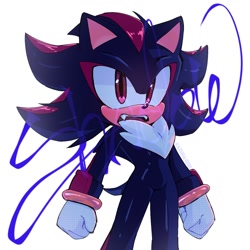 Size: 1280x1280 | Tagged: safe, artist:kazuna_endi, shadow the hedgehog, 2024, clenched fists, fangs, looking at viewer, mouth open, signature, simple background, solo, standing, white background