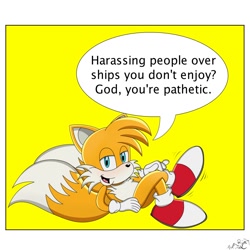 Size: 1500x1500 | Tagged: safe, artist:andtails1, miles "tails" prower, 2024, alone on a friday night, border, dialogue, english text, god you're pathetic, lidded eyes, looking at viewer, meme, mouth open, signature, solo, sonic x style, speech bubble