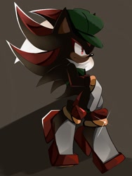 Size: 1536x2048 | Tagged: safe, artist:kuroiyuki96, shadow the hedgehog, the murder of sonic the hedgehog, 2024, brown background, frown, looking offscreen, shine, side view, simple background, solo