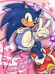 Size: 1280x1720 | Tagged: safe, artist:thescroingle, sonic the hedgehog, 2024, abstract background, english text, hand in pocket, jacket, looking back at viewer, signature, smile, soap shoes, solo, star (symbol), v sign, wink