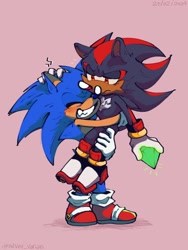 Size: 1536x2048 | Tagged: safe, artist:silver-varian, shadow the hedgehog, sonic the hedgehog, 2024, blushing, chaos emerald, duo, eyes closed, frown, gay, holding something, hugging, lidded eyes, looking at them, picking them up, pink background, shadow x sonic, shipping, signature, simple background, smile, standing