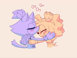 Size: 2048x1558 | Tagged: safe, artist:silver-varian, amy rose, blaze the cat, amy x blaze, amybetes, beige background, birthday, blazebetes, blushing, cute, duo, eyes closed, heart, holding each other, kiss, kiss on head, lesbian, shipping, simple background, smile, standing, wagging tail