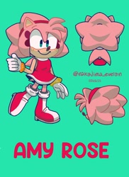 Size: 1494x2048 | Tagged: safe, artist:silver-varian, amy rose, character name, green background, looking at viewer, reference sheet, signature, simple background, smile, solo, thumbs up
