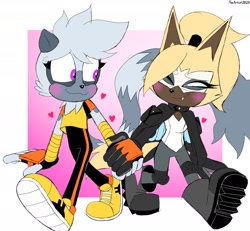 Size: 2048x1896 | Tagged: safe, artist:fartist2020, tangle the lemur, whisper the wolf, 2024, blushing, border, duo, gradient background, heart, holding hands, lesbian, looking at each other, shipping, signature, smile, tangle x whisper, walking