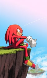 Size: 1249x2048 | Tagged: safe, artist:hyeon_sonic, knuckles the echidna, 2024, abstract background, cliff, clouds, daytime, looking offscreen, outdoors, sitting, smile, solo