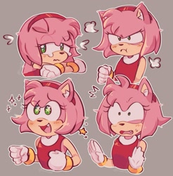 Size: 1149x1169 | Tagged: safe, artist:yuukar0, amy rose, 2024, amybetes, angry, blushing, crying, cute, expression sheet, eye twitch, floppy ears, frown, grey background, happy, looking offscreen, mouth open, one fang, outline, sad, simple background, smile, solo, sparkles, star (symbol), starry eyes, sweatdrop, tears, wtf?