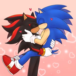 Size: 2048x2048 | Tagged: safe, artist:shu_0696, shadow the hedgehog, sonic the hedgehog, 2024, blushing, carrying them, duo, eyes closed, gay, gradient background, heart, holding each other, kiss, shadow x sonic, shipping, sparkles, standing, wagging tail