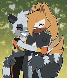 Size: 1548x1797 | Tagged: safe, artist:asheteternal, tangle the lemur, whisper the wolf, 2024, abstract background, blushing, cute, duo, eyes closed, heart, holding each other, hugging, lesbian, outline, shipping, smile, standing, tail hug, tangle x whisper