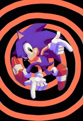 Size: 1418x2048 | Tagged: safe, artist:tuxpaints, sonic the hedgehog, sonic adventure, 2024, abstract background, dreamcast logo, looking at viewer, pointing, posing, smile, solo