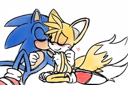 Size: 2048x1362 | Tagged: safe, artist:devotedsidekick, editor:sontailsreddit, miles "tails" prower, sonic the hedgehog, 2014, blushing, blushing ears, cute, duo, edit, eyes closed, gay, hand on another's back, heart, kiss on cheek, kneeling, shipping, simple background, sitting, smile, sonic x tails, upscaled, white background