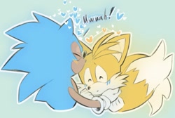 Size: 937x628 | Tagged: safe, artist:funkiepoop, miles "tails" prower, sonic the hedgehog, 2024, blushing, classic sonic, classic tails, cute, duo, eyes closed, gay, green background, heart, holding them, kiss on head, mwah, outline, shipping, simple background, smile, sonabetes, sonic x tails, tailabetes