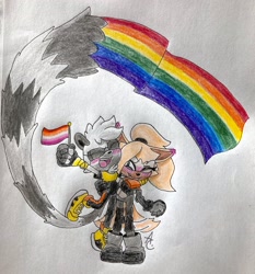 Size: 1910x2048 | Tagged: safe, artist:sonicrelated, tangle the lemur, whisper the wolf, 31 days sonic, 2022, arm around shoulders, blushing, blushing ears, cute, duo, flag, gay pride, holding something, lesbian, lesbian pride, pride, pride flag, shipping, signature, smile, standing, tangabetes, tangle x whisper, traditional media, whispabetes
