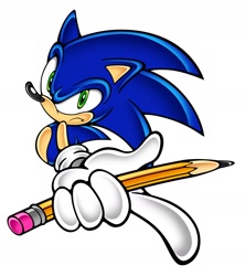 Size: 1517x1711 | Tagged: safe, artist:ketdarkdragon, sonic the hedgehog, 2024, frown, holding something, looking at viewer, pencil, simple background, solo, uekawa style, white background