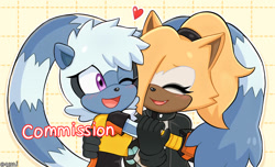 Size: 1318x802 | Tagged: safe, artist:4622j, tangle the lemur, whisper the wolf, 2024, abstract background, commission, duo, english text, eyes closed, heart, hugging, lesbian, looking at them, one eye closed, shipping, standing, tangle x whisper