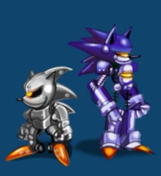 Size: 617x677 | Tagged: safe, artist:satyr8024, mecha sonic, silver sonic, 2024, blue background, duo, looking offscreen, robot, simple background, standing