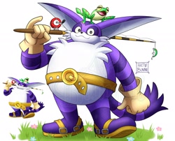 Size: 2048x1657 | Tagged: safe, artist:drstarline, big the cat, froggy, 2024, :3, duo, fishing pole, flower, grass, holding something, looking at viewer, obtrusive watermark, redraw, reference inset, signature, simple background, smile, standing, watermark, white background