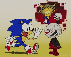 Size: 1816x1456 | Tagged: safe, artist:paintraseapea, sage, sonic the hedgehog, sonic frontiers, 2022, angry, duo, explosion, gradient background, looking at each other, sfx, signature, smile, walking