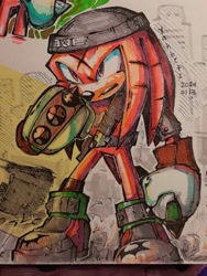 Size: 1530x2040 | Tagged: safe, artist:ybetz_arts, knuckles the echidna, sonic prime, 2024, beanie, belt, looking offscreen, renegade knuckles, scar, solo, standing, traditional media
