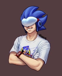 Size: 558x680 | Tagged: safe, artist:kaibette, sonic man, human, 2024, arms folded, brown background, bust, looking at viewer, signature, simple background, smile, solo
