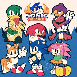 Size: 2048x2048 | Tagged: safe, artist:sonic3_da, amy rose, bark the polar bear, bean the dynamite, espio the chameleon, knuckles the echidna, miles "tails" prower, nack the weasel, sonic the hedgehog, 2023, abstract background, classic amy, classic espio, classic knuckles, classic sonic, classic tails, frown, group, looking at viewer, piko piko hammer, signature, smile, sonic the fighters