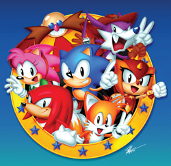 Size: 1332x1293 | Tagged: safe, artist:tyler mcgrath, amy rose, knuckles the echidna, miles "tails" prower, nack the weasel, robotnik, sonic the hedgehog, trip the sungazer, sonic superstars, 2023, classic amy, classic knuckles, classic robotnik, classic sonic, classic style, classic tails, gradient background, group, looking at viewer, mouth open, pointing, signature, smile, v sign