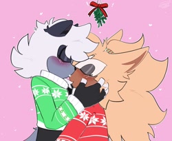 Size: 2013x1651 | Tagged: safe, artist:snazzytader, tangle the lemur, whisper the wolf, 2023, alternate outfit, christmas, duo, eyes closed, holding each other, kiss, lesbian, mistletoe, outline, pink background, shipping, simple background, snow, snowing, standing, sweater, tangle x whisper