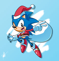 Size: 892x927 | Tagged: safe, artist:tyler mcgrath, sonic the hedgehog, 2023, abstract background, bag, christmas, christmas outfit, classic sonic, coat, looking at viewer, mid-air, sack, santa hat, smile, solo, v sign, wink