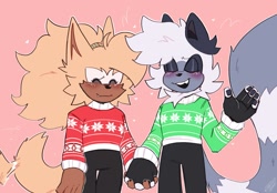 Size: 1995x1390 | Tagged: safe, artist:snazzytader, tangle the lemur, whisper the wolf, alternate outfit, blushing, christmas, cute, duo, eyes closed, fingerless gloves, holding hands, lesbian, one fang, pants, pawpads, shipping, smile, snow, snowing, standing, sweater, tangabetes, tangle x whisper, wagging tail, whispabetes