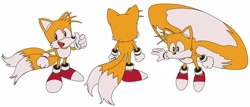 Size: 2048x878 | Tagged: safe, artist:bridgeoffaust, miles "tails" prower, sonic the ova, 2023, flying, frown, reference sheet, simple background, smile, solo, spinning tails, standing, thumbs up, white background