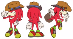 Size: 2048x1102 | Tagged: safe, artist:bridgeoffaust, knuckles the echidna, sonic the ova, 2023, hat, holding something, reference sheet, sack, simple background, smile, solo, standing, white background