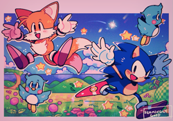 Size: 787x555 | Tagged: safe, artist:seaminglygood, flicky, miles "tails" prower, sonic the hedgehog, sonic the hedgehog 2, 2023, abstract background, blushing, classic sonic, classic tails, cute, emerald hill, flickybetes, grass, group, loop, signature, smile, sonabetes, star (symbol), tailabetes