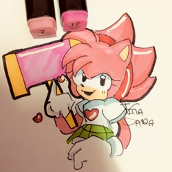Size: 3024x3024 | Tagged: safe, artist:tinasara09, amy rose, 2022, fleetway amy, heart, holding something, piko piko hammer, signature, smile, solo, traditional media
