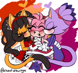 Size: 2000x1880 | Tagged: safe, artist:araeofdrawings, amy rose, blaze the cat, honey the cat, 2022, abstract background, amy x blaze, amy x blaze x honey, blushing, cute, eyes closed, heart, holding each other, holding hands, honamy, honaze, kiss on cheek, lesbian, lesbian pride, polyamory, pride, shipping, signature, smile, trio