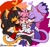 Size: 2000x1880 | Tagged: safe, artist:araeofdrawings, amy rose, blaze the cat, honey the cat, 2022, abstract background, amy rose gets all the girls, amy x blaze, amy x blaze x honey, blushing, cute, eyes closed, heart, holding each other, holding hands, honamy, honaze, kiss on cheek, lesbian, lesbian pride, polyamory, pride, shipping, signature, smile, trio