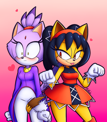 Size: 950x1080 | Tagged: safe, artist:biffoboi, blaze the cat, honey the cat, cat, blushing, duo, gradient background, heart, honaze, lesbian, paw pose, shipping, shrunken pupils, signature, standing, tail around leg, tail between legs, tongue out