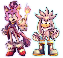 Size: 1280x1185 | Tagged: safe, artist:linklyshow, blaze the cat, silver the hedgehog, clenched fists, duo, fire finger, flame, frown, hand on hip, looking up, outline, simple background, standing, white background