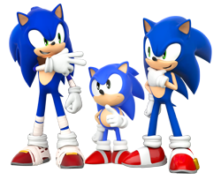 Size: 2302x1875 | Tagged: safe, artist:finnakira, sonic the hedgehog, 2014, 3d, classic sonic, looking at each other, self paradox, simple background, sonic boom (tv), standing, transparent background, trio