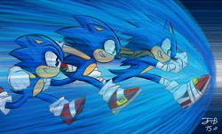 Size: 850x512 | Tagged: safe, artist:jimmyflame-artworks, sonic the hedgehog, 2015, abstract background, classic sonic, looking ahead, running, self paradox, signature, smile, sonic boom (tv), trio