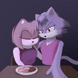 Size: 1080x1080 | Tagged: safe, artist:suna1_suna1, amy rose, blaze the cat, cat, hedgehog, 2024, amy x blaze, cute, eyes closed, female, females only, food, hand on back, lesbian, looking at viewer, shipping