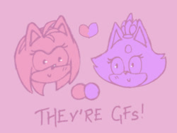 Size: 609x457 | Tagged: safe, artist:tanglesoup, amy rose, blaze the cat, cat, hedgehog, 2023, amy x blaze, cute, english text, female, females only, head only, heart, lesbian, looking at each other, shipping