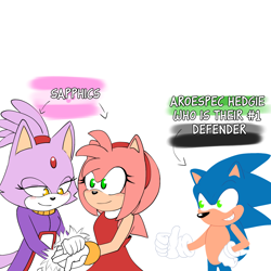 Size: 2048x2048 | Tagged: safe, artist:umtrem, amy rose, blaze the cat, sonic the hedgehog, amy x blaze, aromantic, blushing, english text, holding hands, lesbian, sapphic, shipping, simple background, smile, standing, thumbs up, trio, white background
