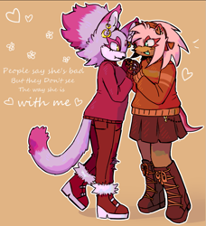 Size: 913x1000 | Tagged: safe, artist:nightgarla, amy rose, blaze the cat, alternate outfit, amy x blaze, beige background, clothes, cute, duo, ear piercing, earring, english text, green tongue, heart, holding hands, lesbian, looking at each other, outline, shipping, simple background, smile, song lyrics, standing